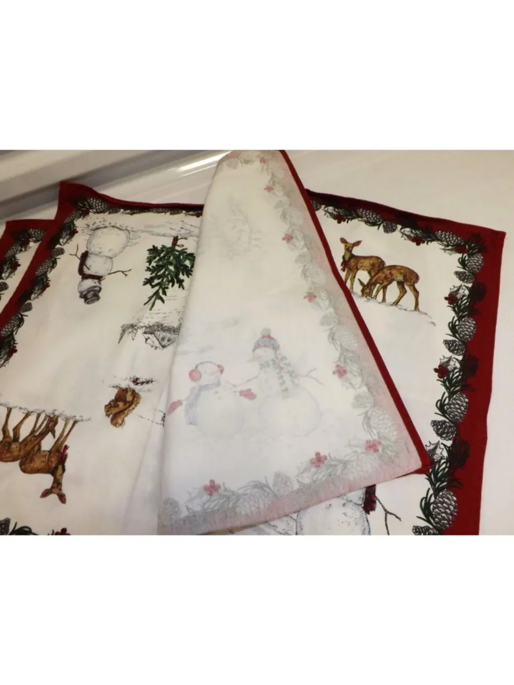 Williams Sonoma Winter Scene Cotton Napkins Set Of 6 Red & White Snowman & Deer
